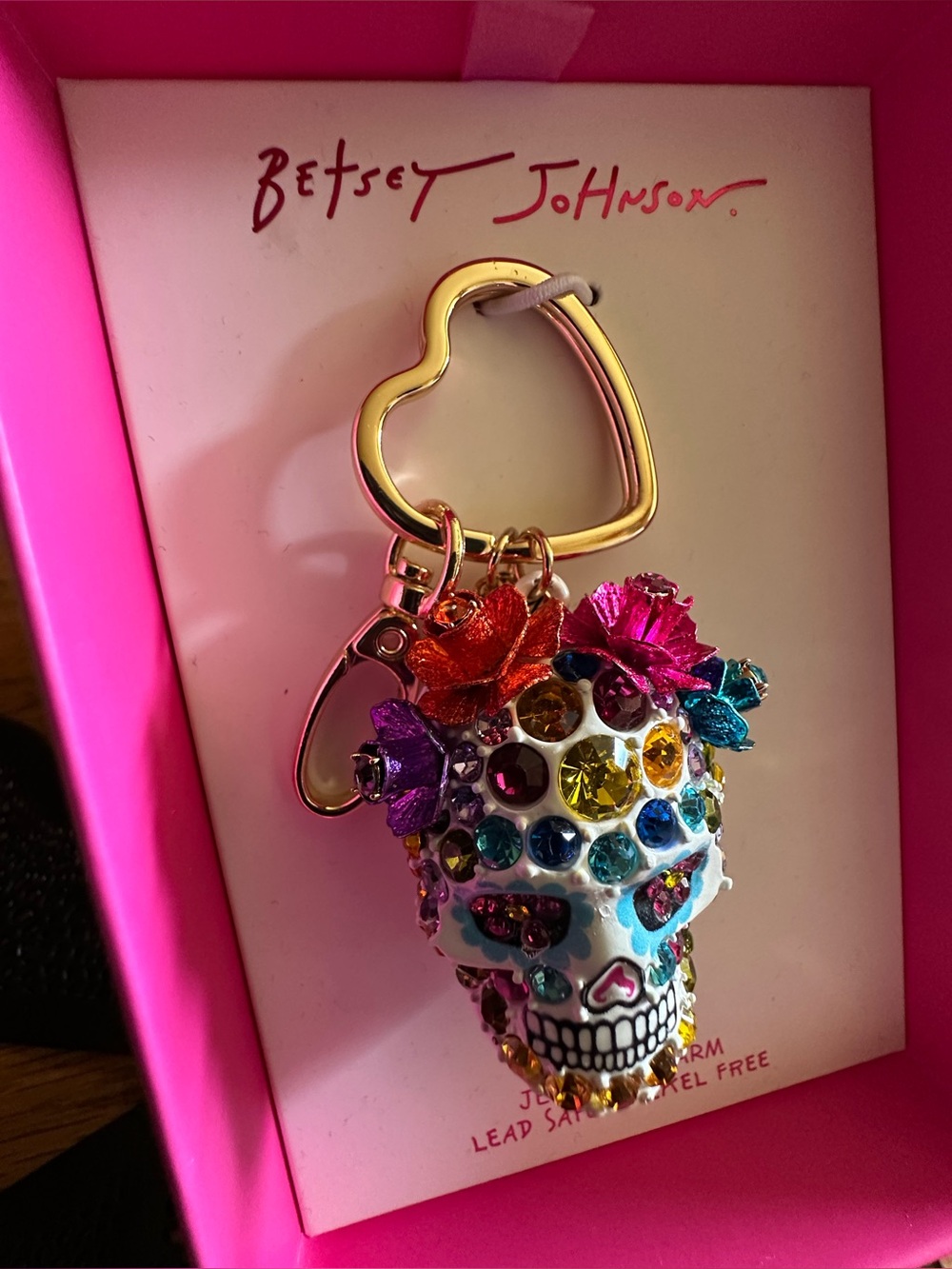 Betsey Johnson White Jeweled Sugar Skull Keyring with Gold Hardware - NWT
